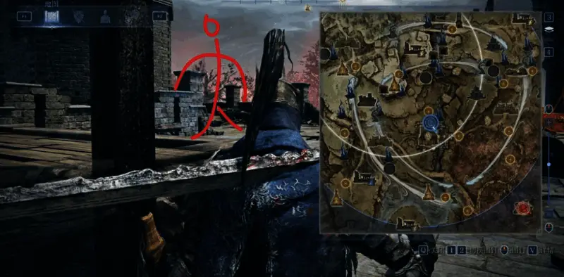 山妖1与流刑士兵在高台上围攻角色，技能特效交织