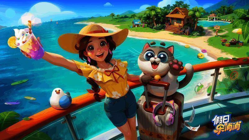 游戏中角色在海滩边享受休闲时光的画面,场景色彩明亮,氛围轻松愉快