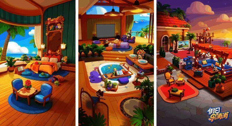 游戏内海岛全景图,椰树摇曳,海浪轻拍沙滩,景色如画