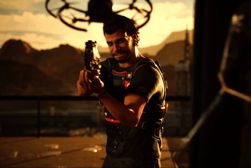 《心之眼》游戏封面画面，主角手持武器站在高楼边缘，身后是霓虹闪烁的城市夜景