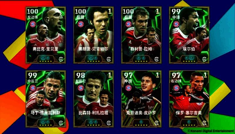 游戏中球员形象展示,包括多位拜仁传奇球员