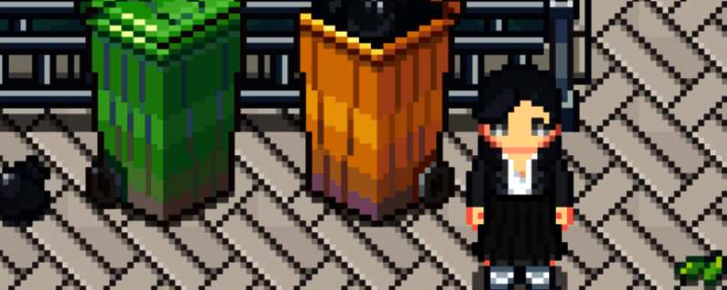 游戏画面展示玩家正在翻找垃圾桶的场景,周围环境为城市街道