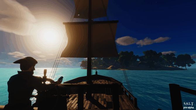 玩家操控的船只在海上高速航行，背景为夕阳下的金色海岸线