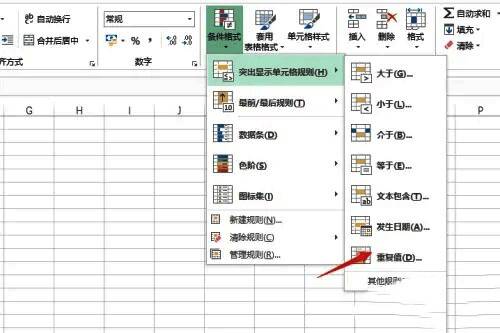 突出显示单元格规则界面，红色标记重复值选项被选中