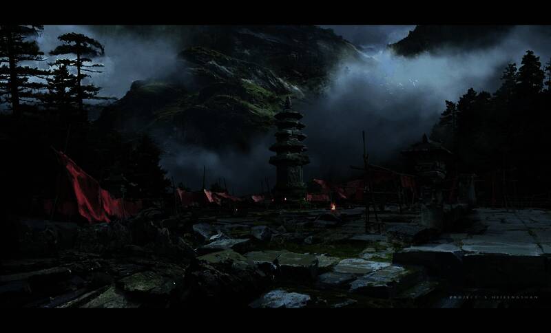 狮驼国入口概念图，展现巨大石门与异兽雕刻