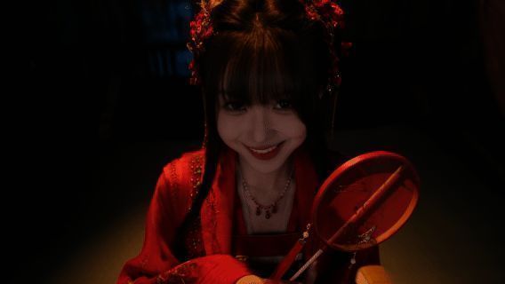 谢筱筱角色设定图,笑容灿烂,动作俏皮可爱