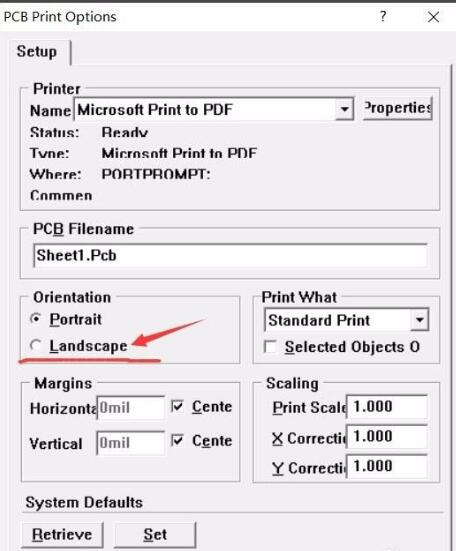 属性设置面板界面,箭头指向横向打印选项