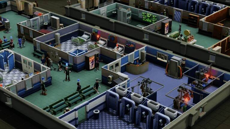 游戏中玩家正在管理医院，界面显示多个科室和员工配置选项