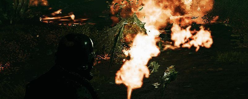 《绝地潜兵2》游戏画面，展示了角色手持火焰喷射器对抗敌人的场景