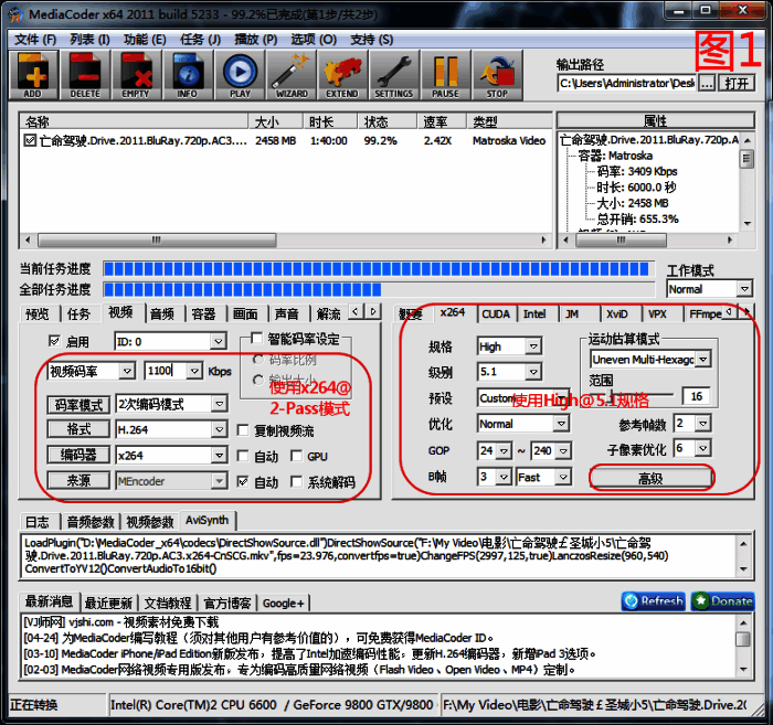 视频编码设置界面特写,突出显示H.264编码选项被选中的状态