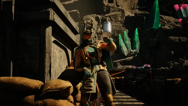 游戏场景截图,展现阴暗科幻氛围下的角色对话界面