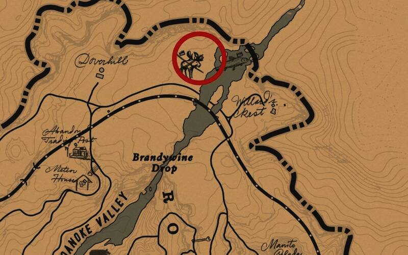 地图上标记的传说驼鹿具体位置，位于夏洛特小屋左上方