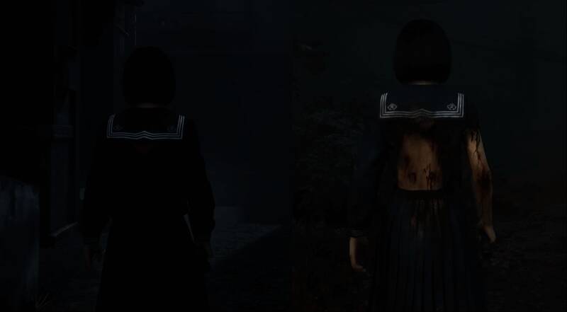 《寂静岭f》女主服装破损展示,画面中角色身着破损衣物,神情紧张