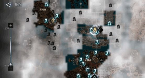 游戏地图界面截图，显示多个探索标记和路线指引