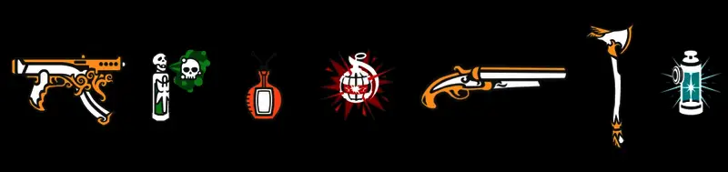 桌上摆放着多种武器道具,包括手枪、匕首、毒药瓶和防毒面具