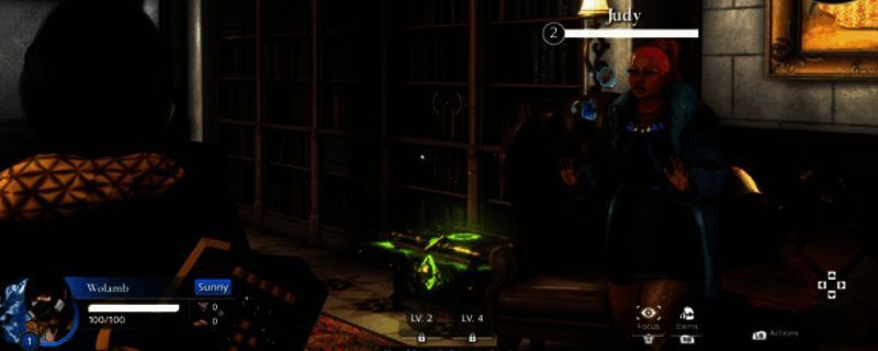 两名角色在房间内低声交谈,背景中其他角色分散在不同区域