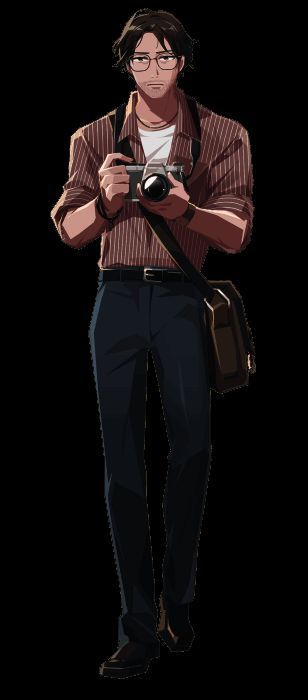 主角侑人形象展示，身穿风衣，手持相机