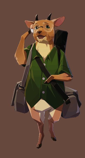 背着相机包的老年山羊神灵，拄着拐杖行走