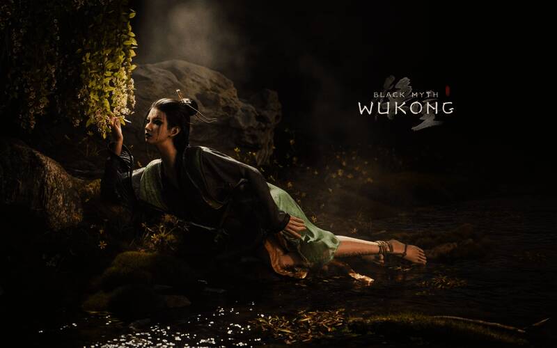 《黑神话:悟空》3D艺术图中四妹卧于溪边,身旁花瓣飘落,画面唯美梦幻