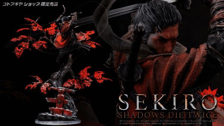 《只狼》男主角雕像正面展示,展现角色坚毅神情与战斗姿态