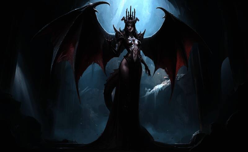 黑暗女士手持权杖,身后是混沌裂隙与破碎的世界