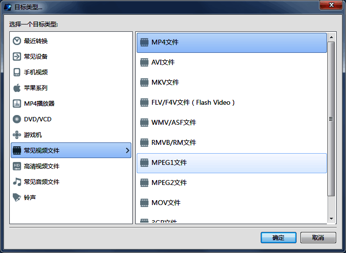输出格式设置窗口,展示多种可选视频编码和容器格式
