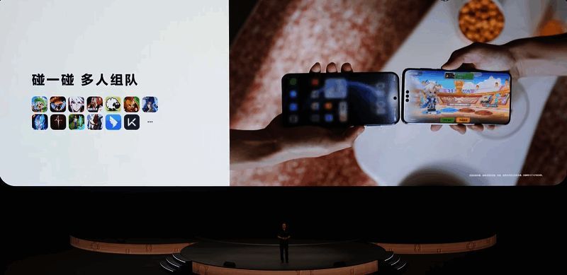 鸿蒙‘碰一碰’功能演示示意图,展示手机轻触组队与资源传输
