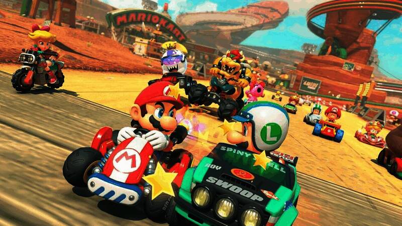 《马里奥赛车:世界》封面展示图,角色阵容丰富,赛道设计充满未来感