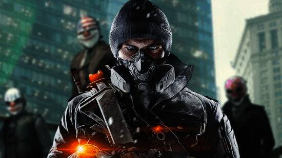 《全境封锁2》×《收获日》联动宣传图,展示经典面具与特工形象融合场景