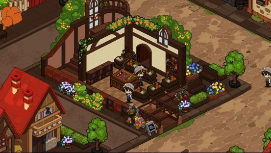 炼金工坊内部货架摆满商品,顾客正在选购