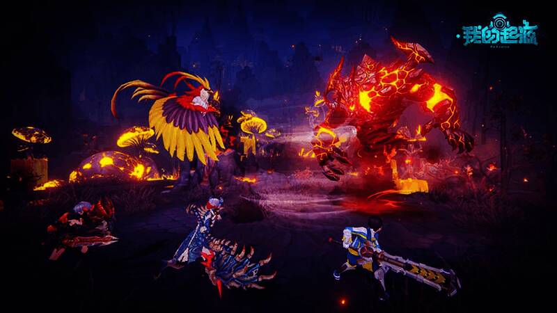 炎魔之王副本战斗场景,巨型BOSS与角色激烈对抗,火焰特效燃烧全场