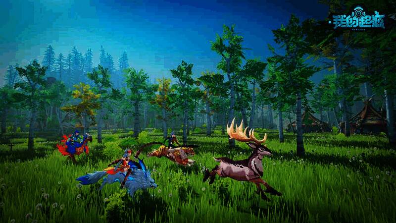 玩家在起源星球上骑乘飞行宠物穿越山谷,阳光洒落,背景色彩斑斓