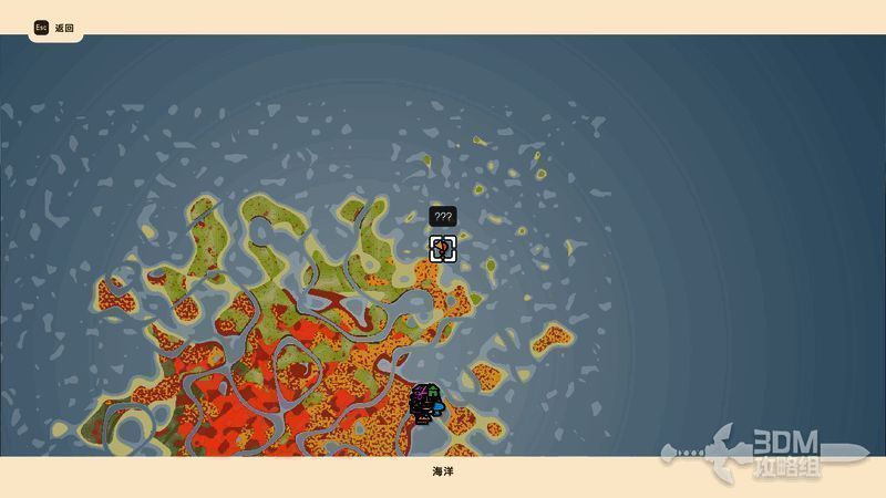 游戏中吉米乘船出现在雨天场景,画面显示地图上标有问号位置