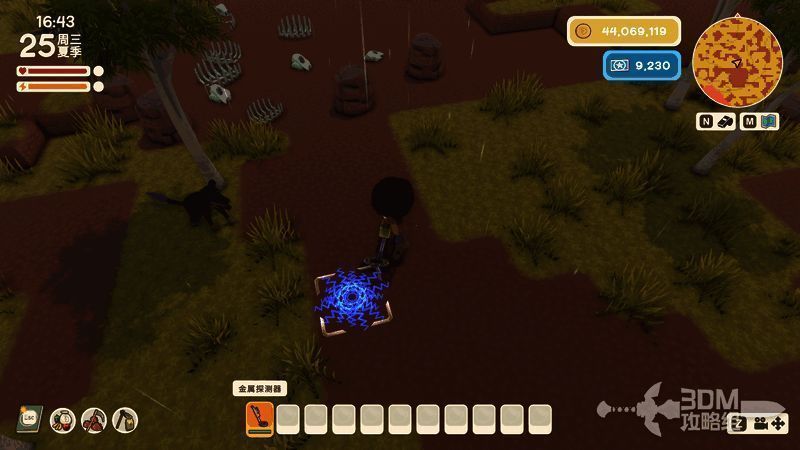 使用金属探测器扫描地面的画面