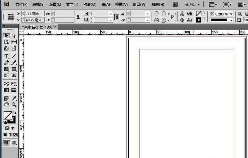 InDesign界面展示,左侧为工具栏,中间为新建文本框及输入的示例文字