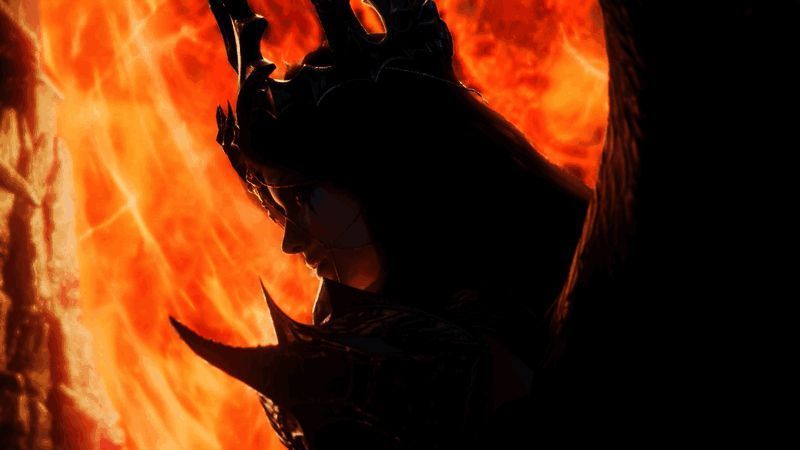 黑暗女士角色立绘展示,身披黑色战甲,眼神冷酷,背景为暗影缭绕的神秘空间