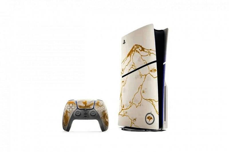 《羊蹄山之魂》金色限量版PS5主机正面展示,表面带有精致的金色纹理装饰