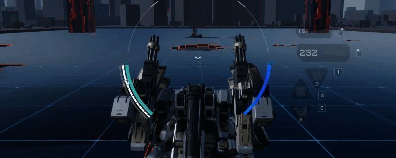 《解限机》中三角龙机甲正在进行重装防御作战,周身能量护盾闪耀蓝色光芒