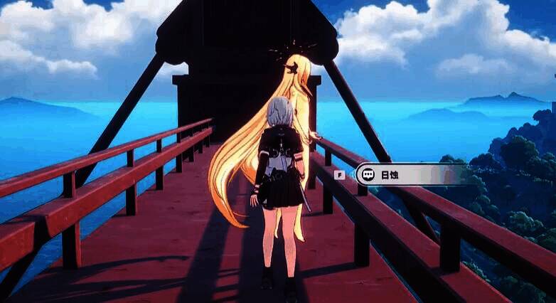 角色在高耸的大桥上奋力攀爬，周围环境险峻壮观