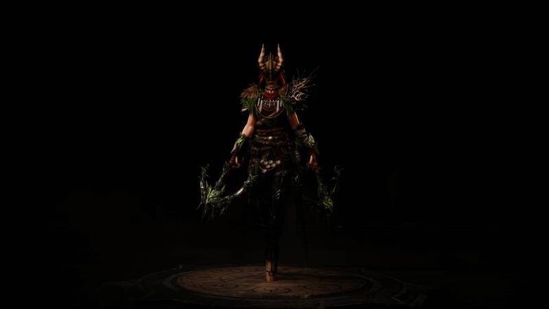 猎魔人角色形象展示,身穿树枝与皮革制成的轻甲,手持双弩