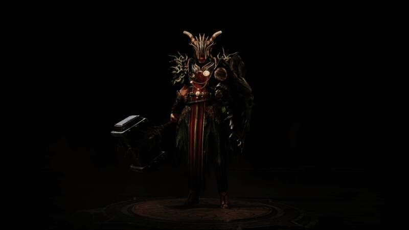 圣教军角色形象展示,厚重木材打造盔甲,手持战锤与盾牌