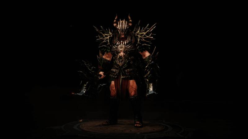 野蛮人角色形象展示,战袍由枝条与岩石编织,手持嵌有断枝的双斧