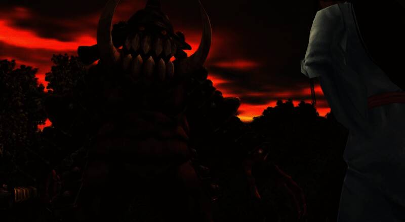 《鬼武者:剑之道》游戏截图,展示幻魔‘大唾拉’的战斗场景,背景为暗黑风格的战场