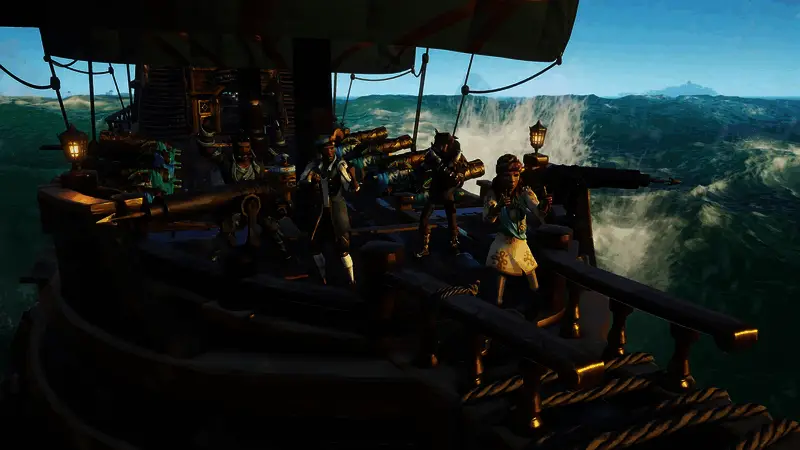 《盗贼之海》游戏画面，海盗船在海面上航行，远处有神秘岛屿和风暴