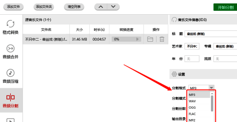 设置输出格式界面,下拉菜单展示多种音频格式选项