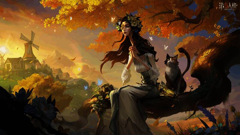 时装角色坐在树干上,身边有猫咪陪伴,背景为落日余晖