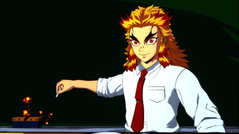 炼狱杏寿郎战斗场景,剑气凌厉,背景为学园操场