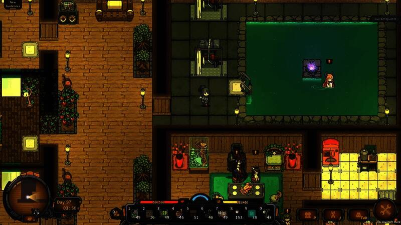 玩家建造的地底营地，布置整齐的工作台与家具，充满生活气息