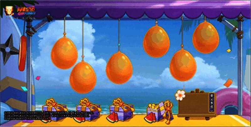 打气球活动界面展示奥义技能与气球排列,背景为夏日庆典风格