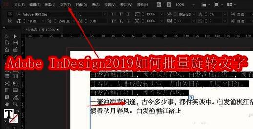 Adobe InDesign2019界面展示,选中文本并打开文字菜单